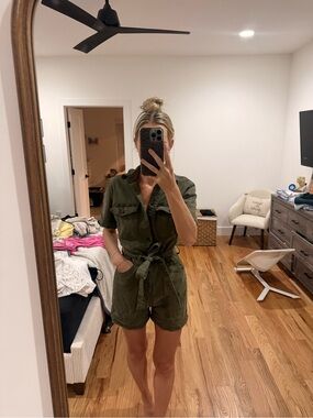 Universal Thread Olive Green Short Sleeve Utility Romper with Tie